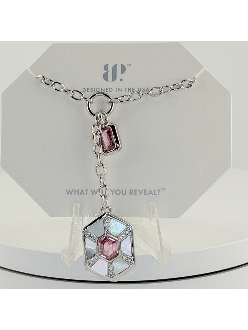 Bomb Party Necklace “Showstopper ” Pink Quartz & MOP on Rhodium NK39631